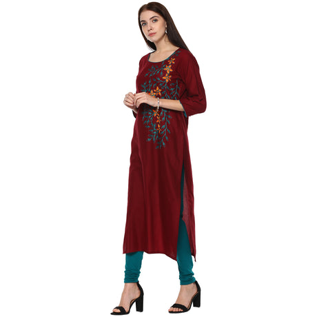 Blended Cotton Embroidered Kurta Top In Brown