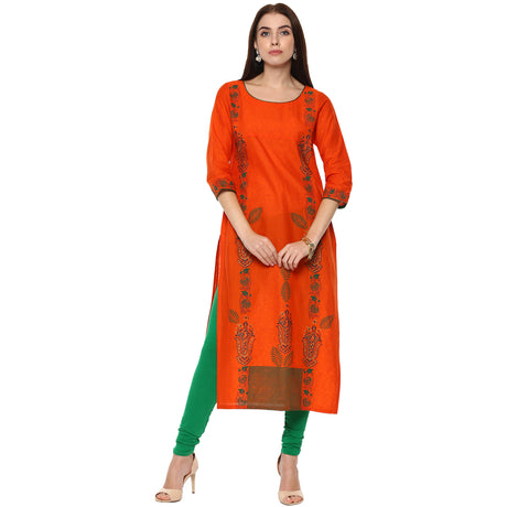 Blended Cotton Printed Kurta Top In Orange