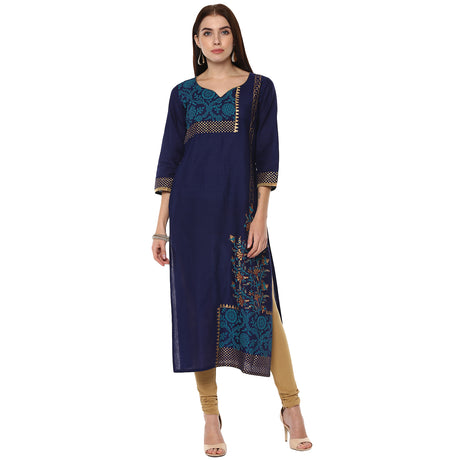 Blended Cotton Printed Kurta Top In Blue