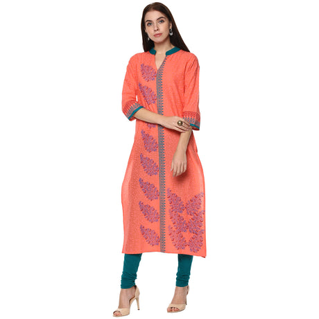 Blended Cotton Printed Kurta Top In Peach