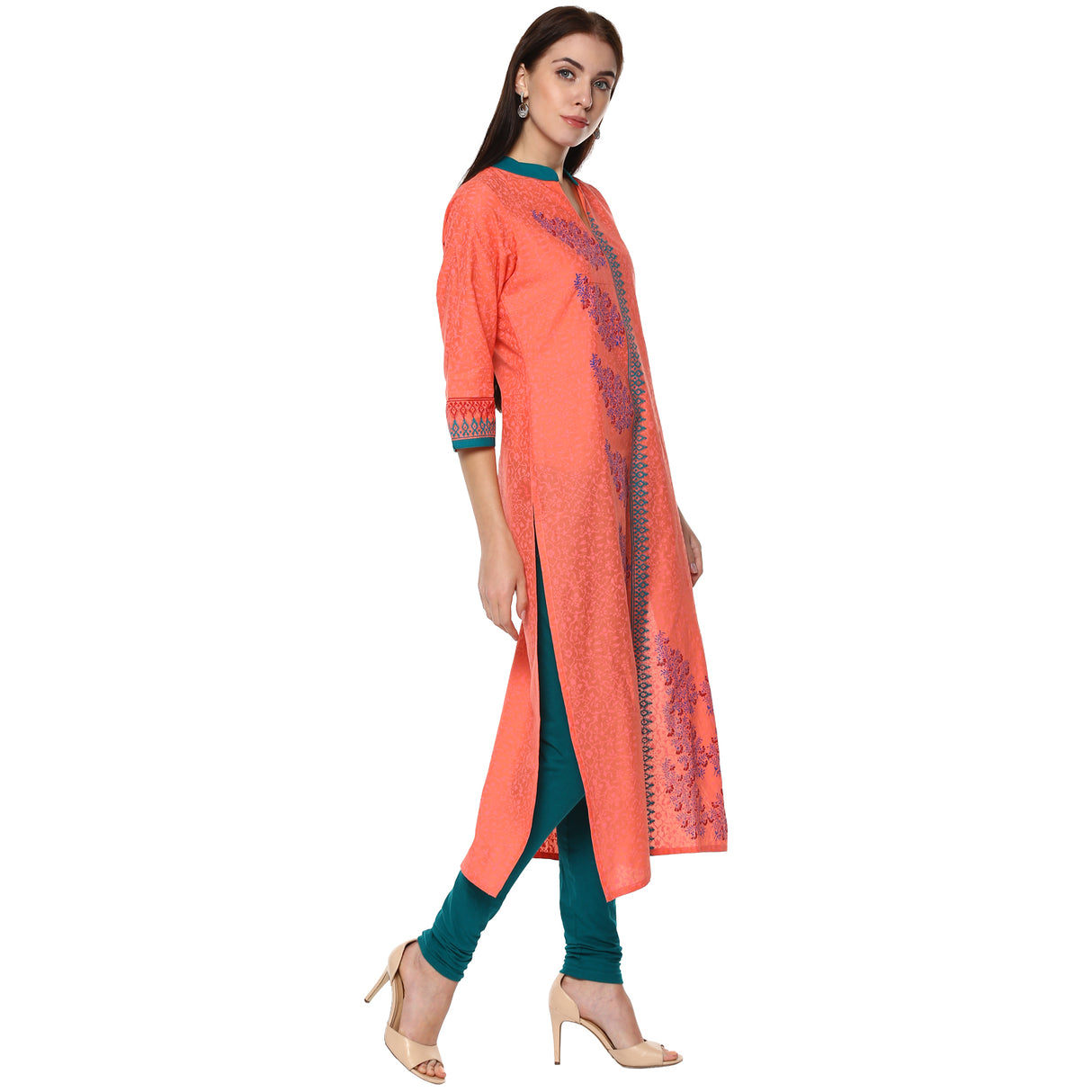 Blended Cotton Printed Kurta Top In Peach