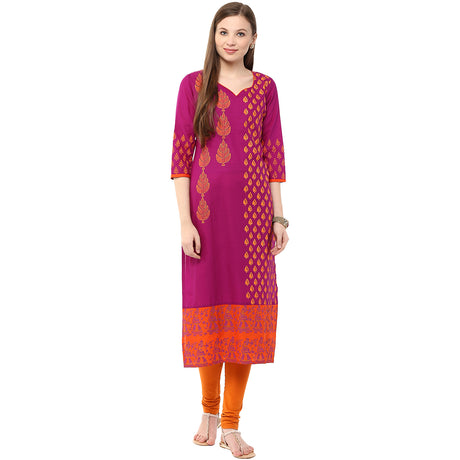 Blended Cotton Printed Kurta Top In Purple