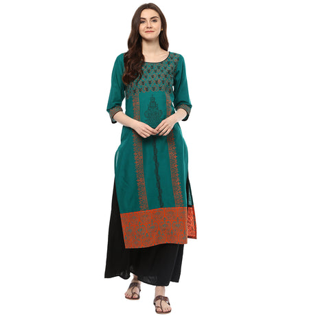 Blended Cotton Printed Kurta Top in Green