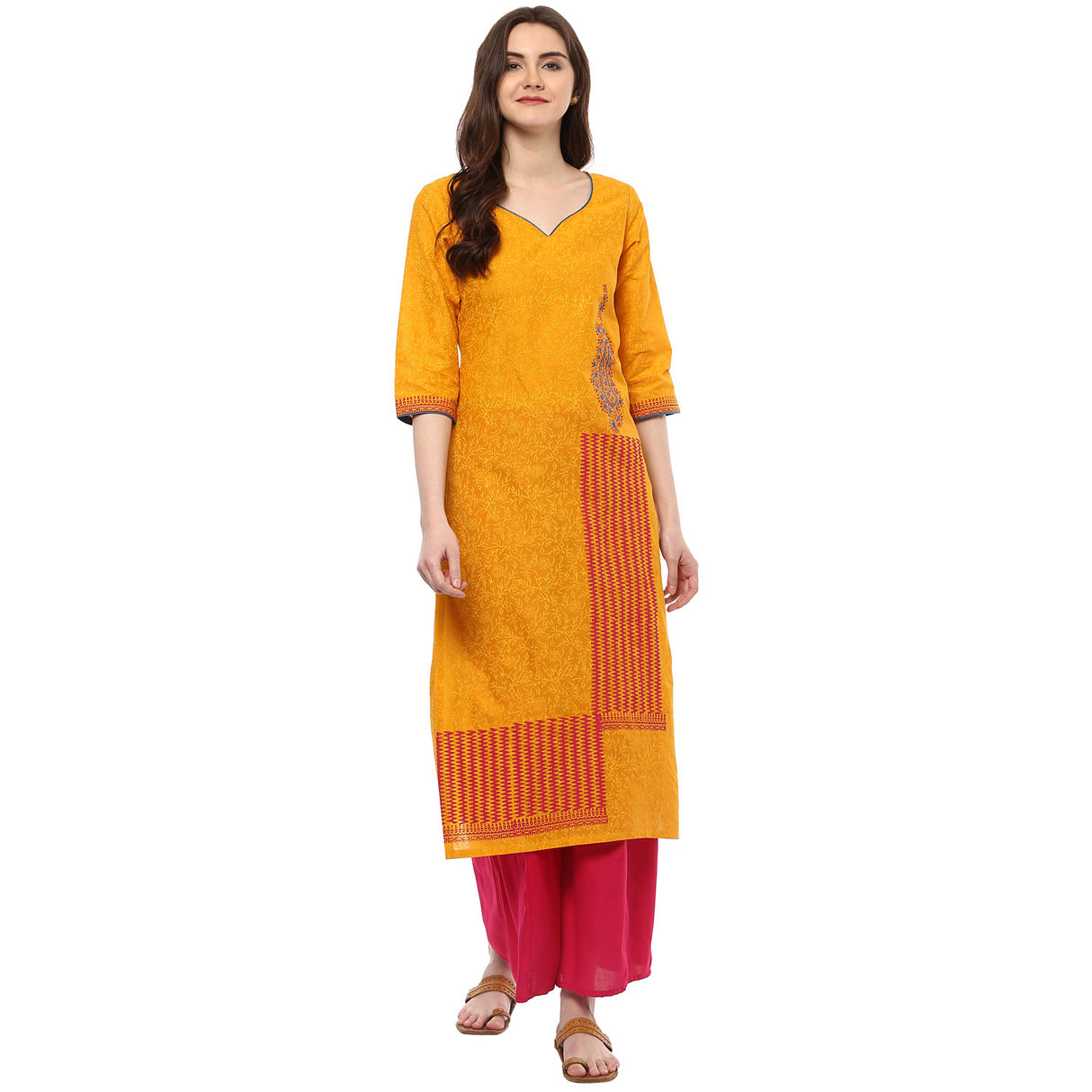 Blended Cotton Printed Kurta Top In Mustard