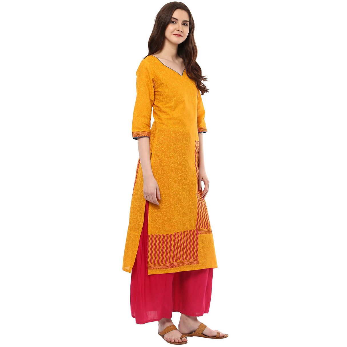 Blended Cotton Printed Kurta Top In Mustard