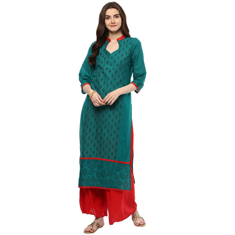 Blended Cotton Printed Kurta Top in Green