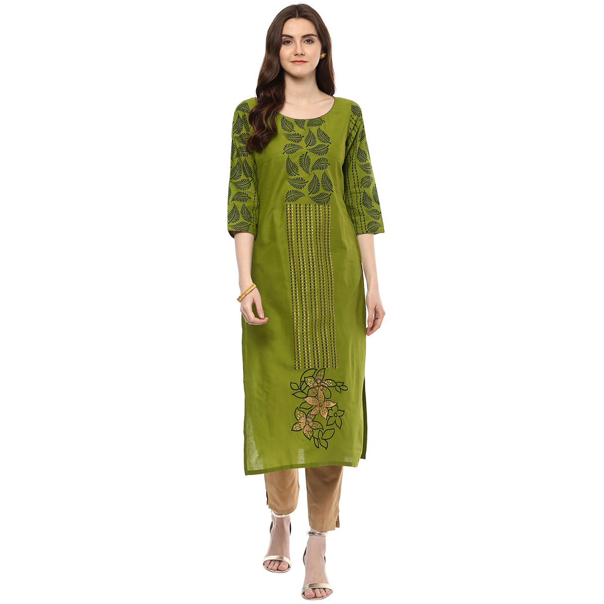 Blended Cotton Printed Kurta Top In Green