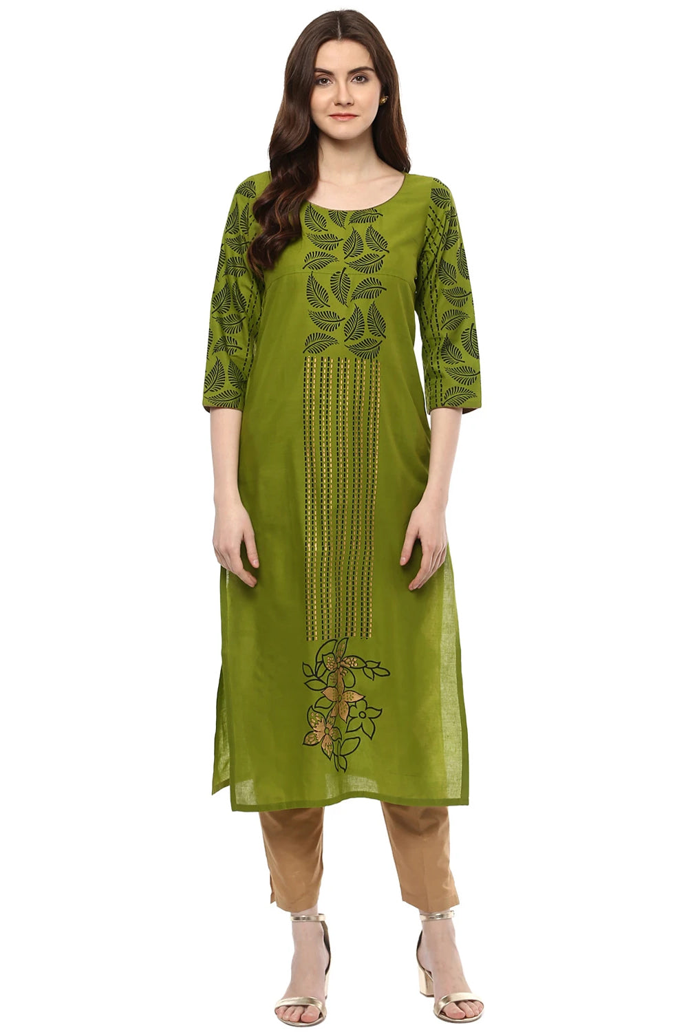 Blended Cotton Printed Kurti Top In Green