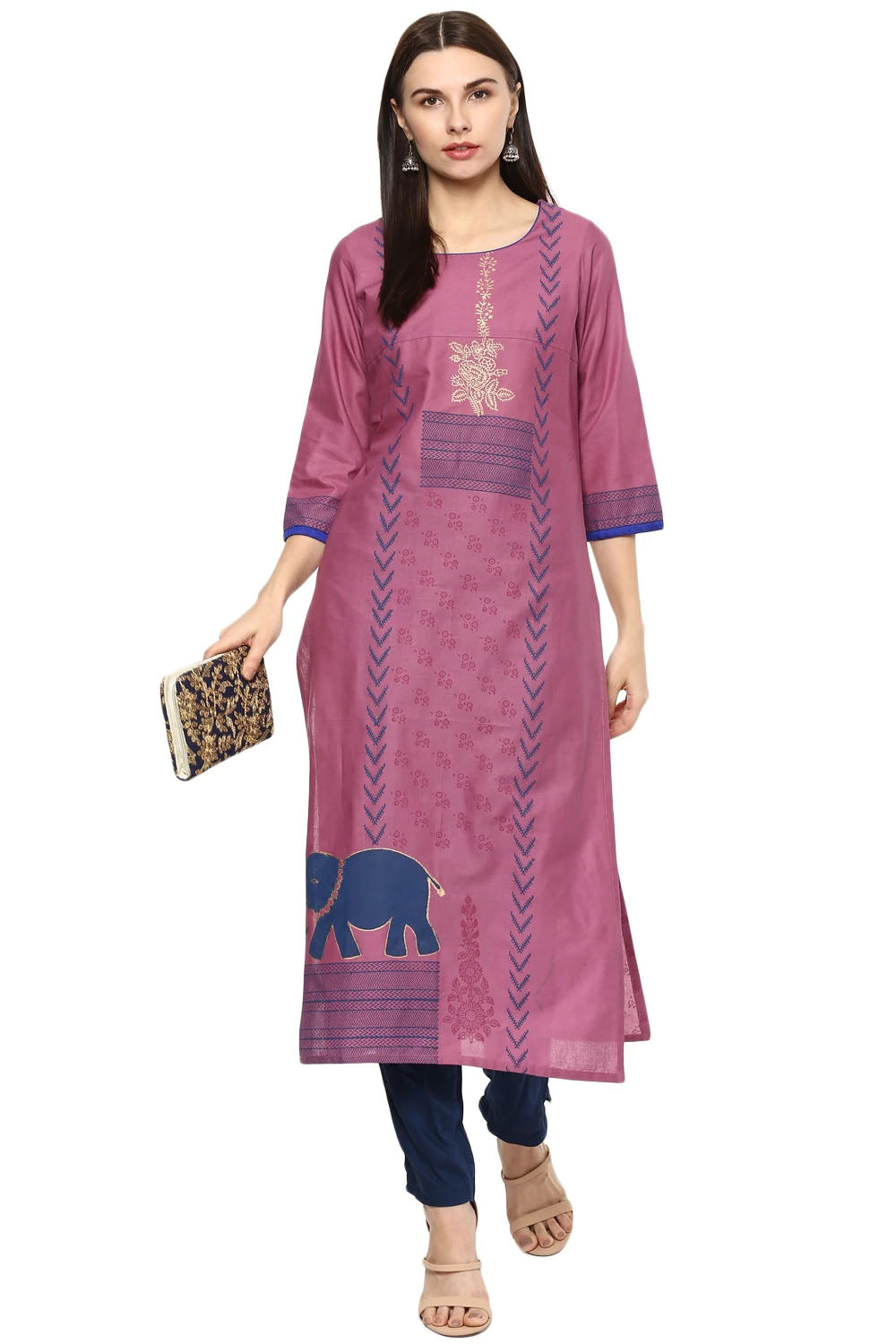 Blended Cotton Printed Kurti Top In Purple