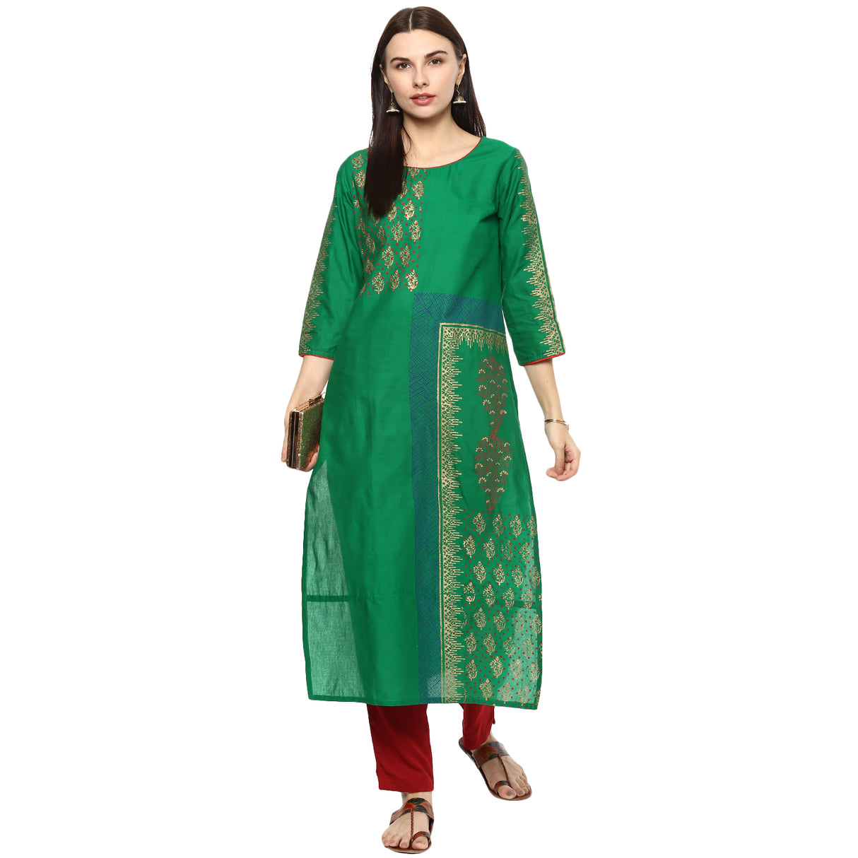 Blended Cotton Printed Kurta Top In Green