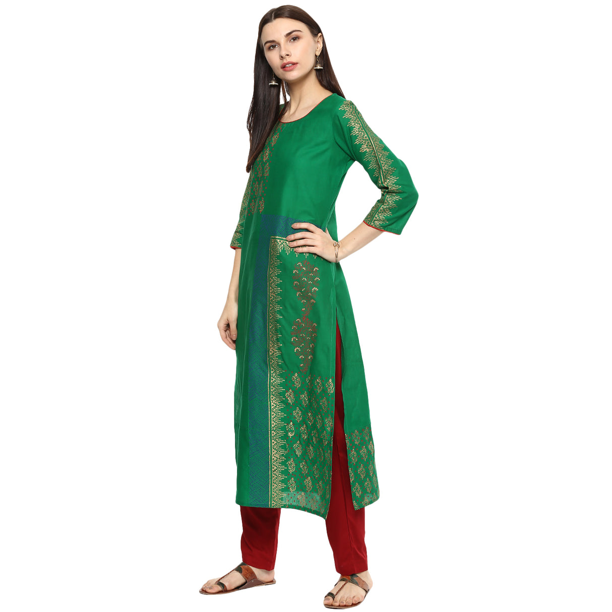 Blended Cotton Printed Kurta Top In Green