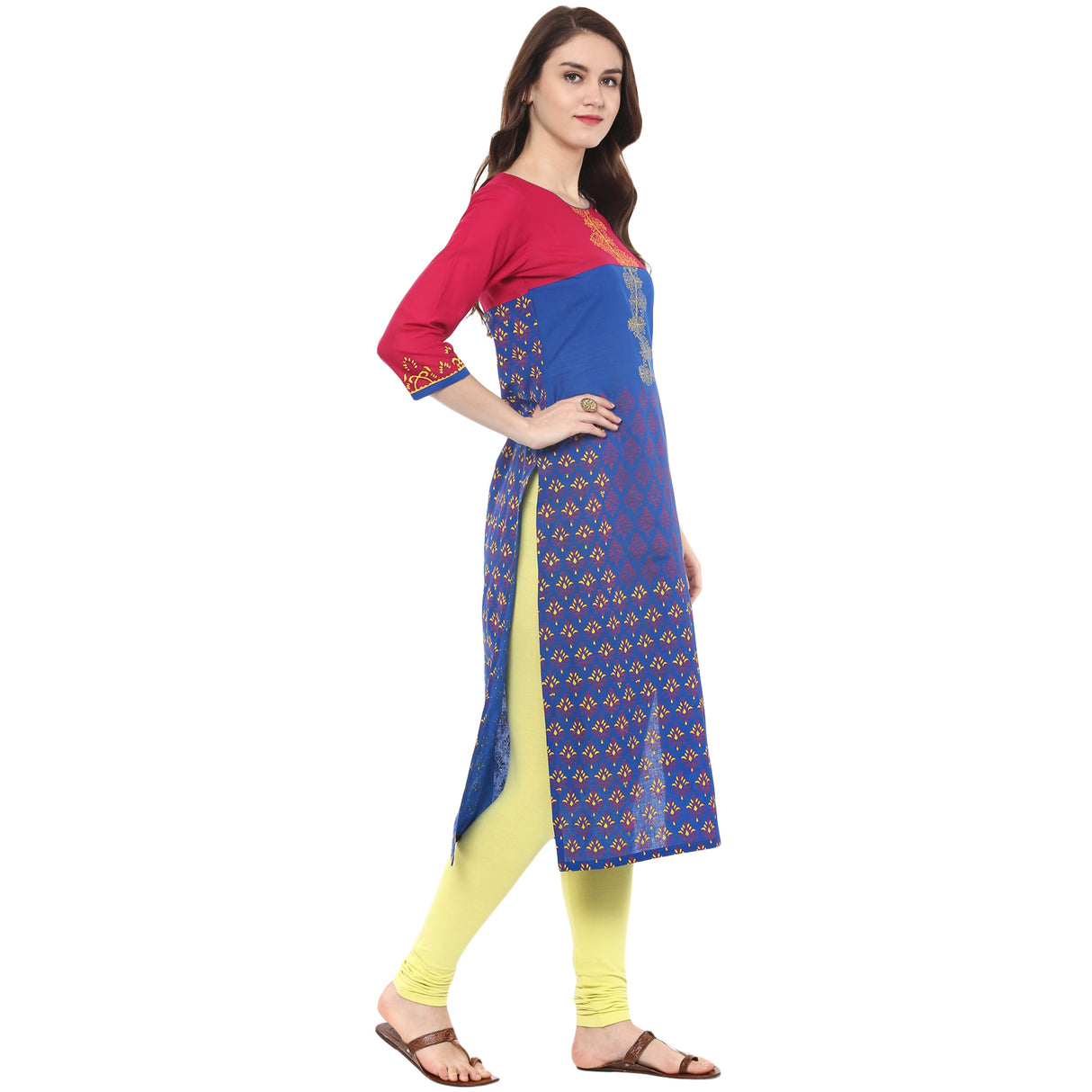 Blended Cotton Printed Kurta Top In Blue