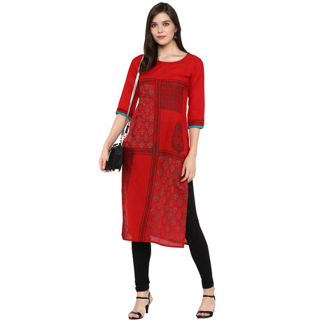 Blended Cotton Printed Kurti Top In Red