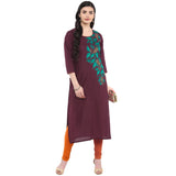 Blended Cotton Embroidered Kurta Top In Brown