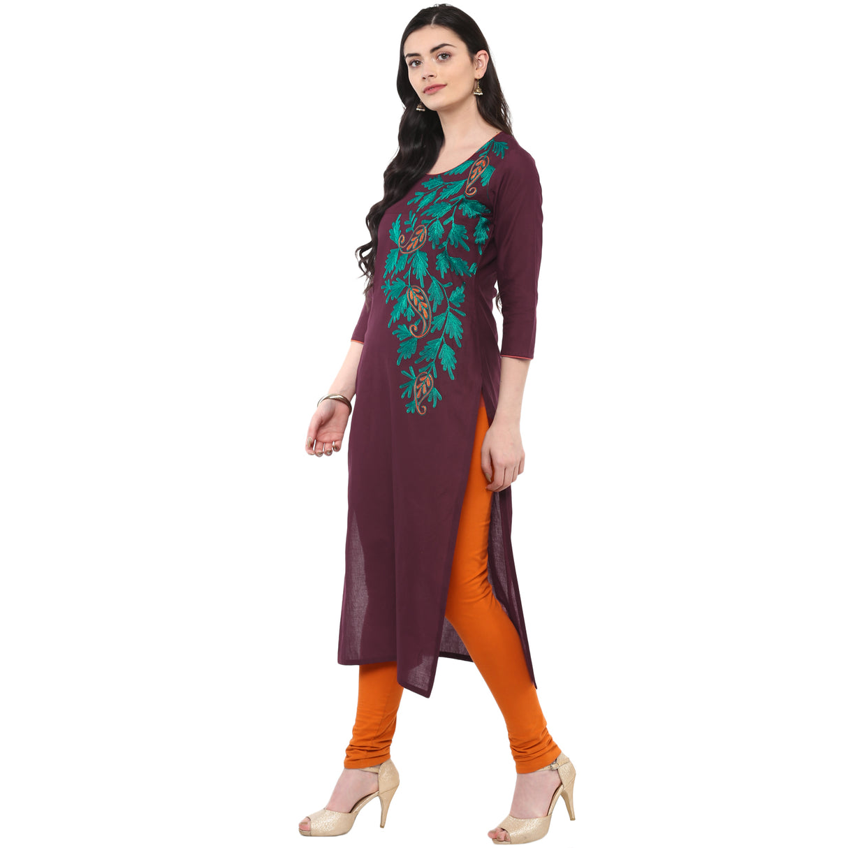 Blended Cotton Embroidered Kurta Top In Brown