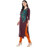 Blended Cotton Embroidered Kurta Top In Brown