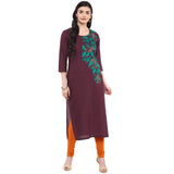 Blended Cotton Embroidered Kurta Top In Brown