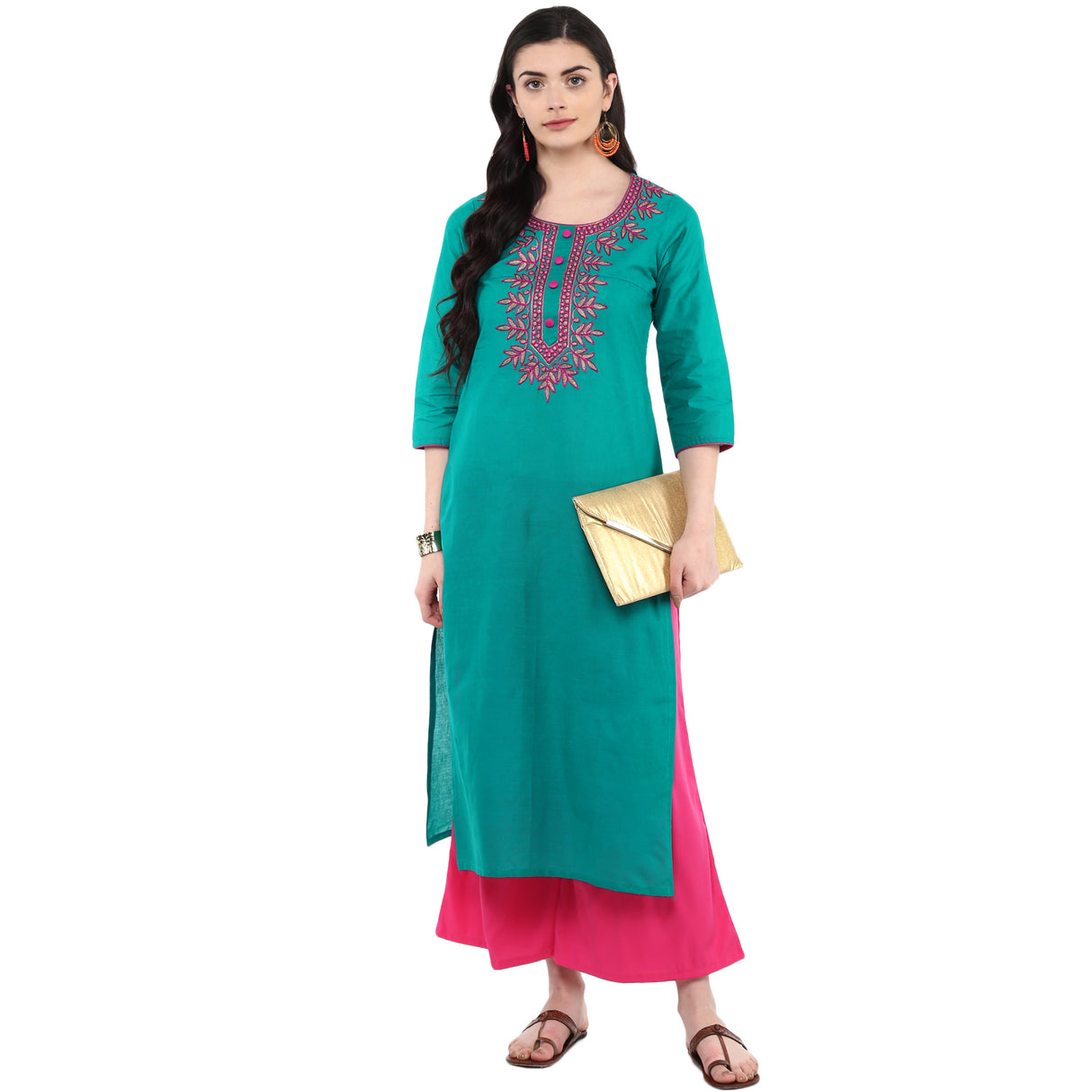 Blended Cotton Embroidered Kurta Top In Green