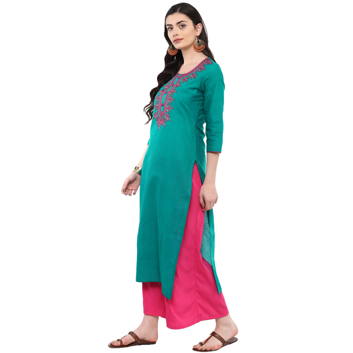 Blended Cotton Embroidered Kurta Top In Green