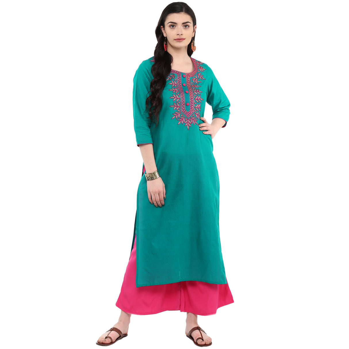 Blended Cotton Embroidered Kurta Top In Green