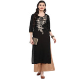 Blended Cotton Embroidered Kurta Top In Black