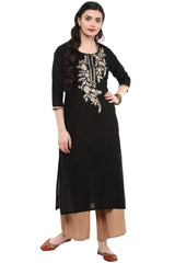 Blended Cotton Embroidered Kurta Top In Black