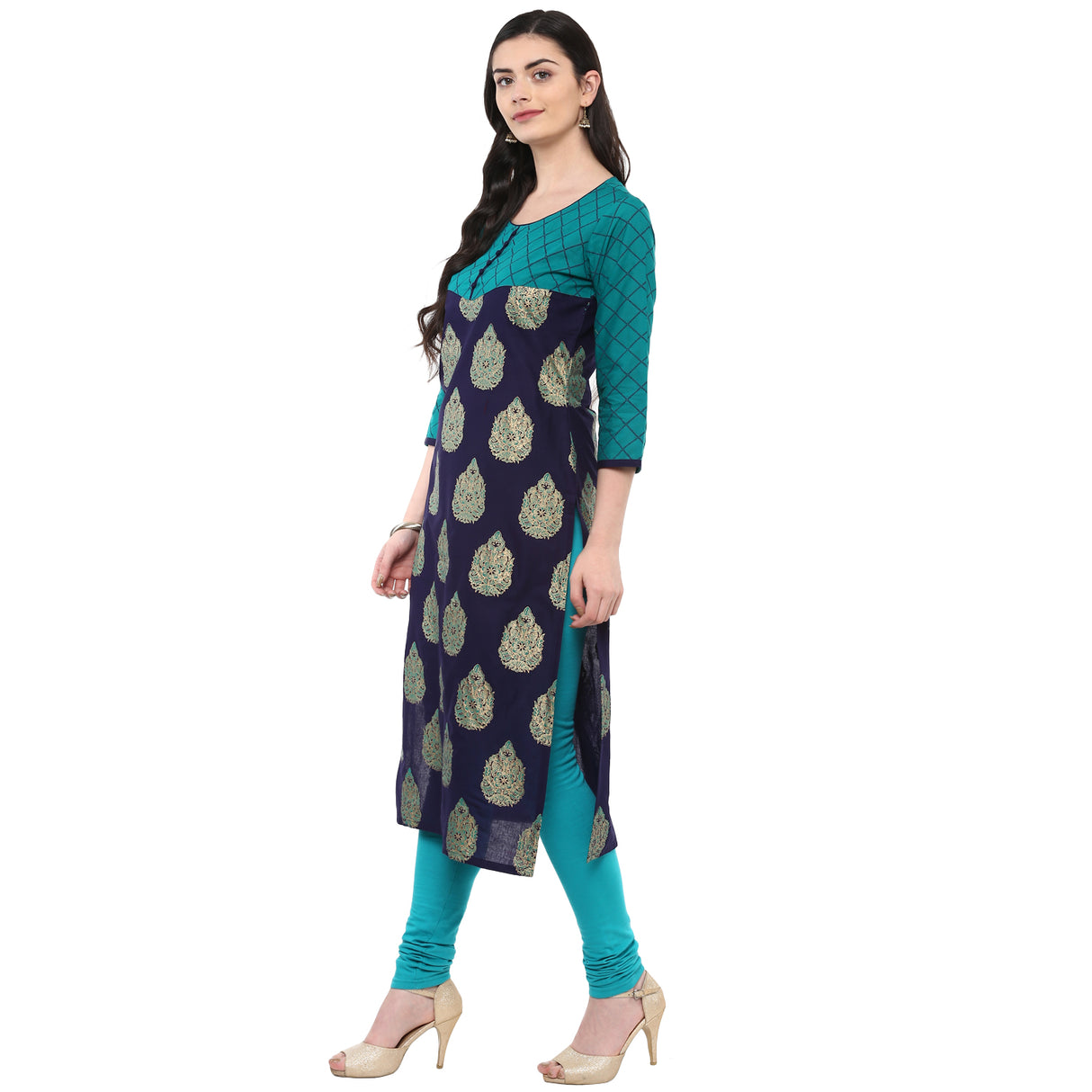 Blended Cotton Printed Kurta Top In Blue