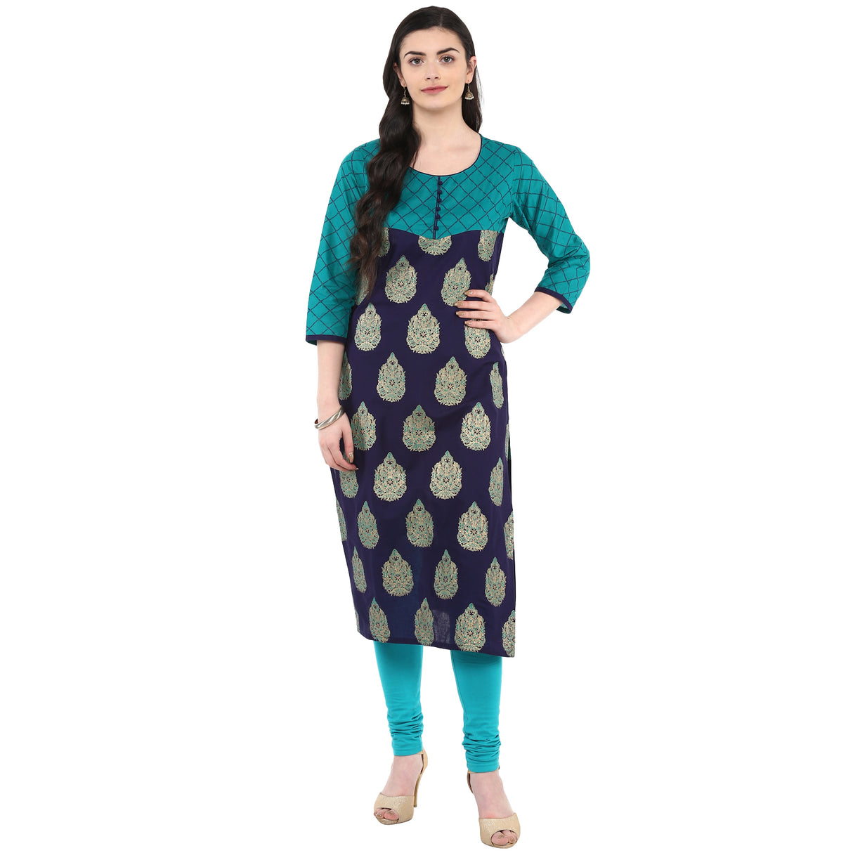 Blended Cotton Printed Kurta Top In Blue