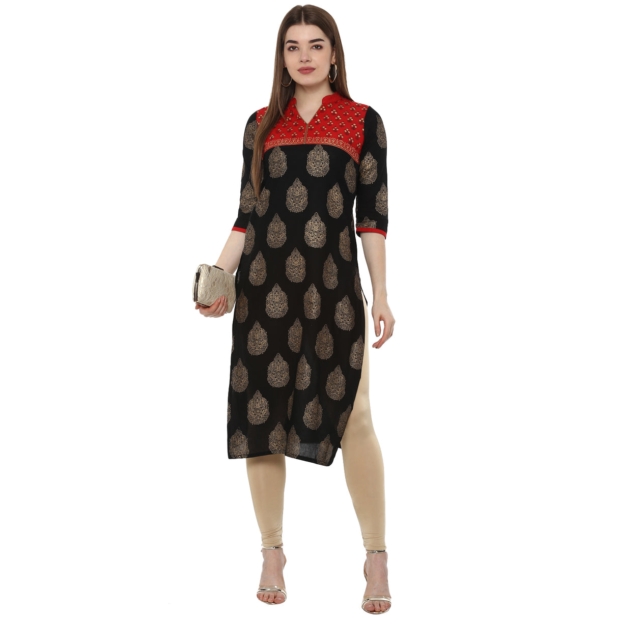 Blended Cotton Printed Kurta Top In Black