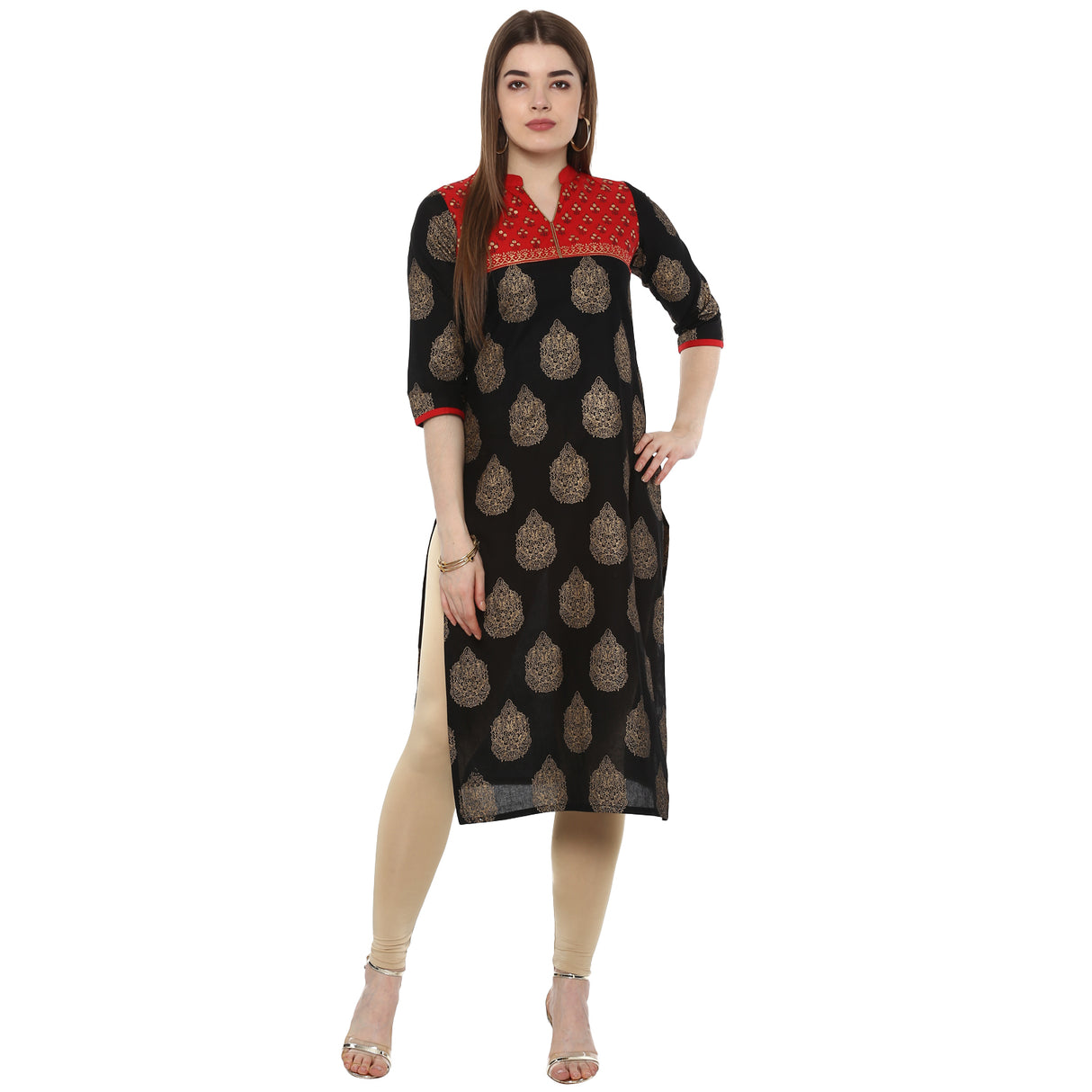 Blended Cotton Printed Kurta Top In Black