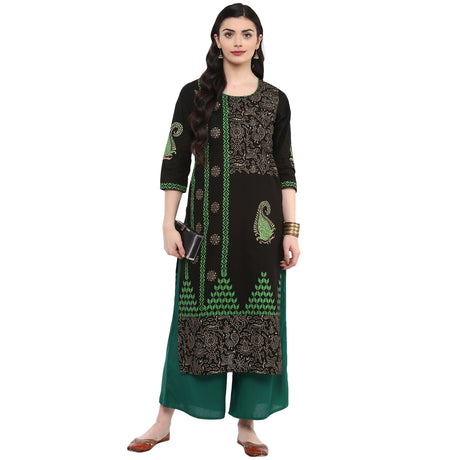 Blended Cotton Printed Kurta Top In Black