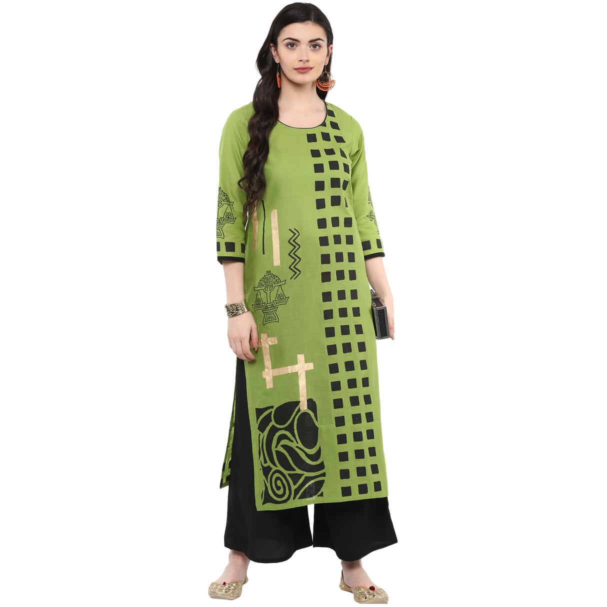 Blended Cotton Printed Kurta Top In Green