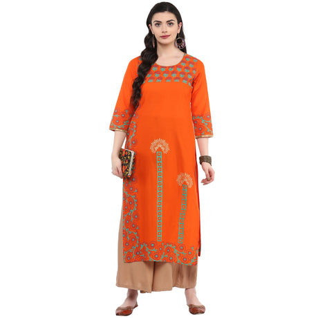 Blended Cotton Printed Kurta Top In Orange