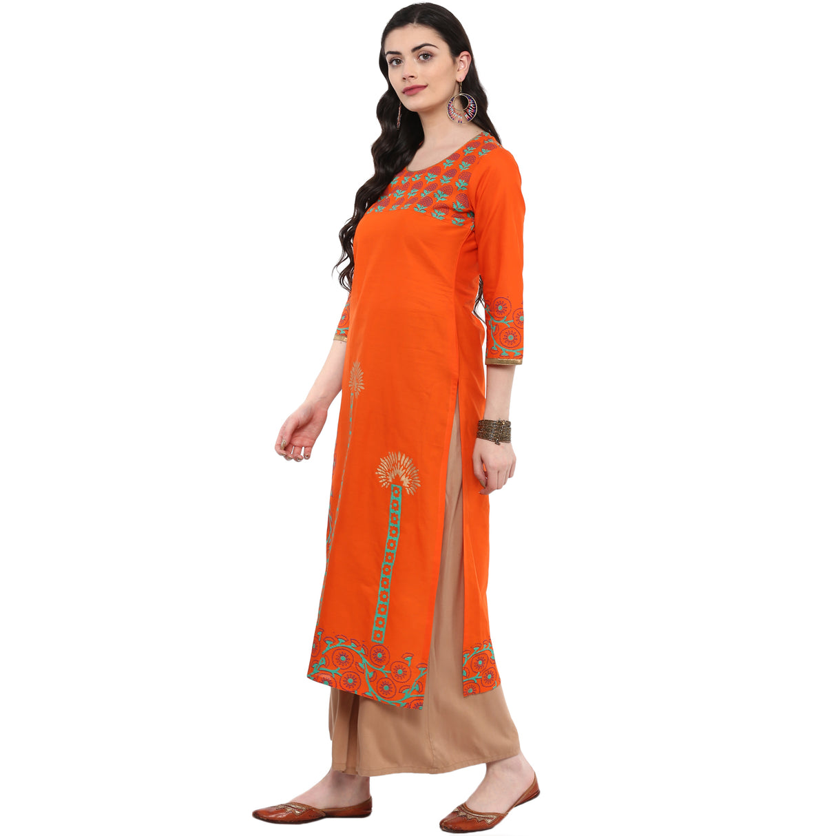 Blended Cotton Printed Kurta Top In Orange