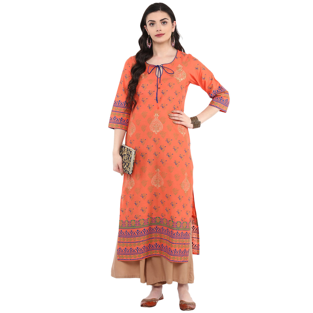 Blended Cotton Printed Kurta Top In Peach