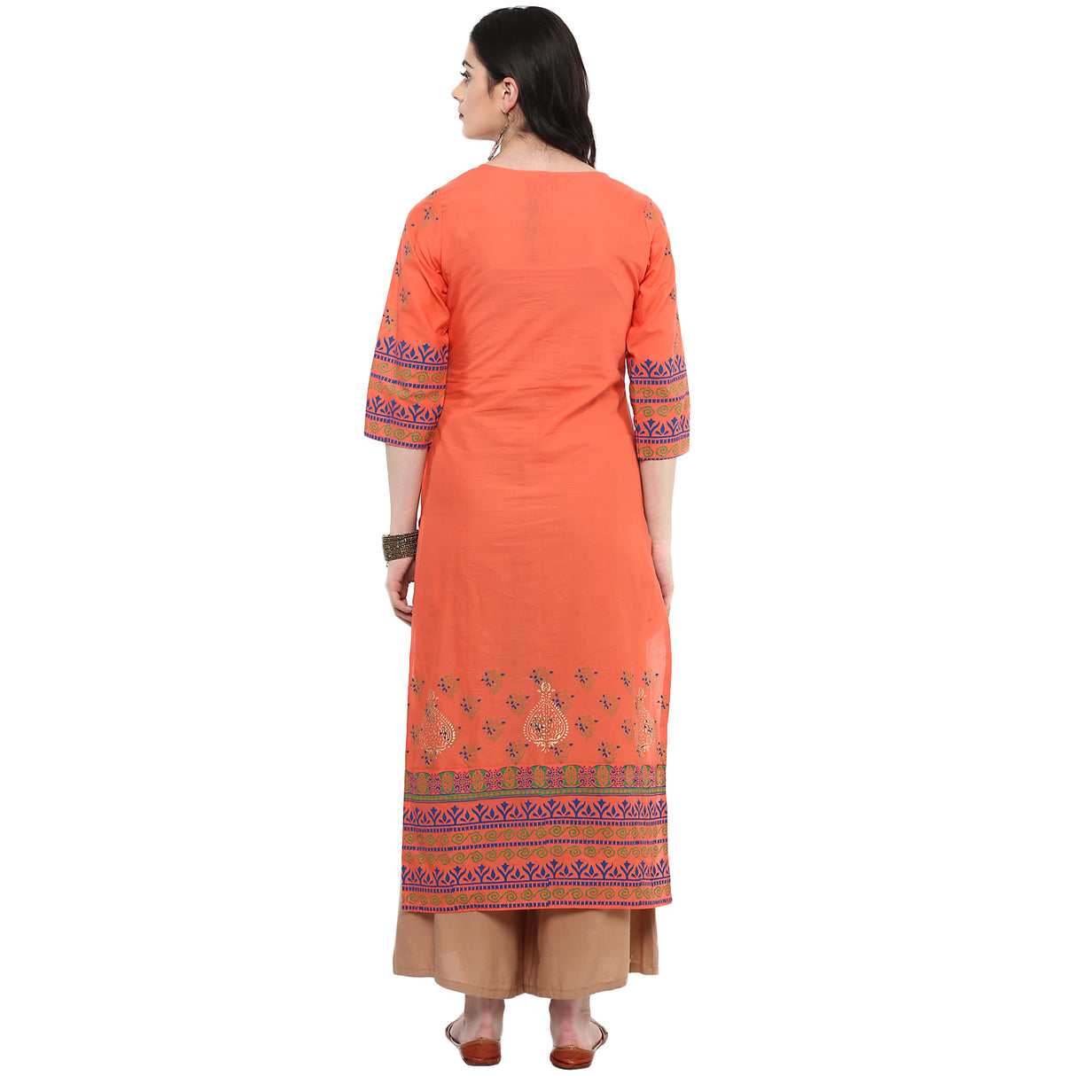 Blended Cotton Printed Kurta Top In Peach