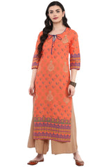 Blended Cotton Printed Kurta Top In Peach