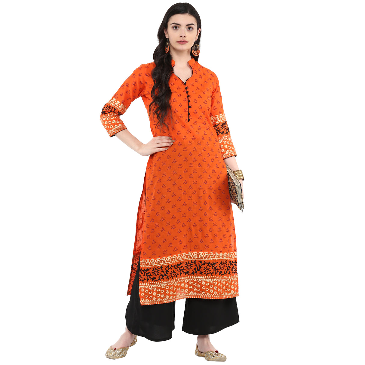 Blended Cotton Printed Kurta Top In Orange