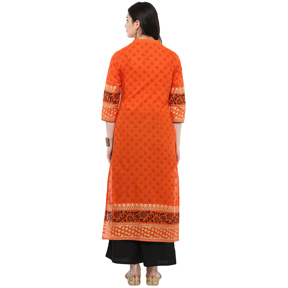 Blended Cotton Printed Kurta Top In Orange