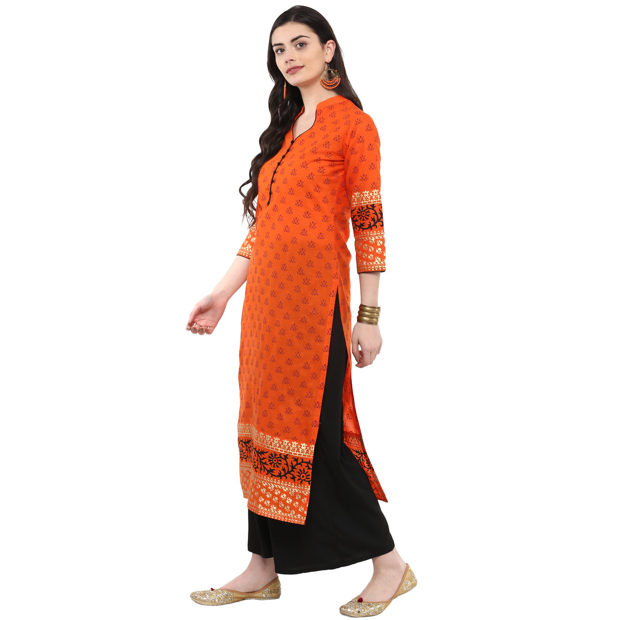 Blended Cotton Printed Kurta Top In Orange