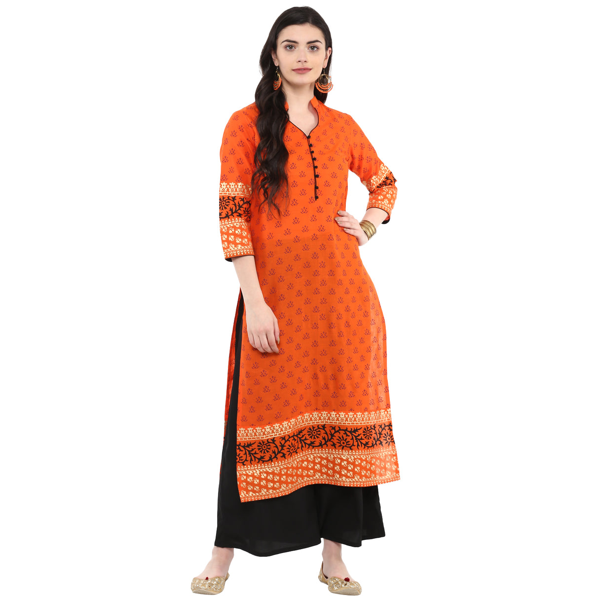 Blended Cotton Printed Kurta Top In Orange