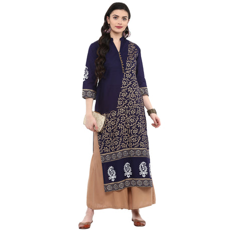 Blended Cotton Printed Kurta Top In Blue