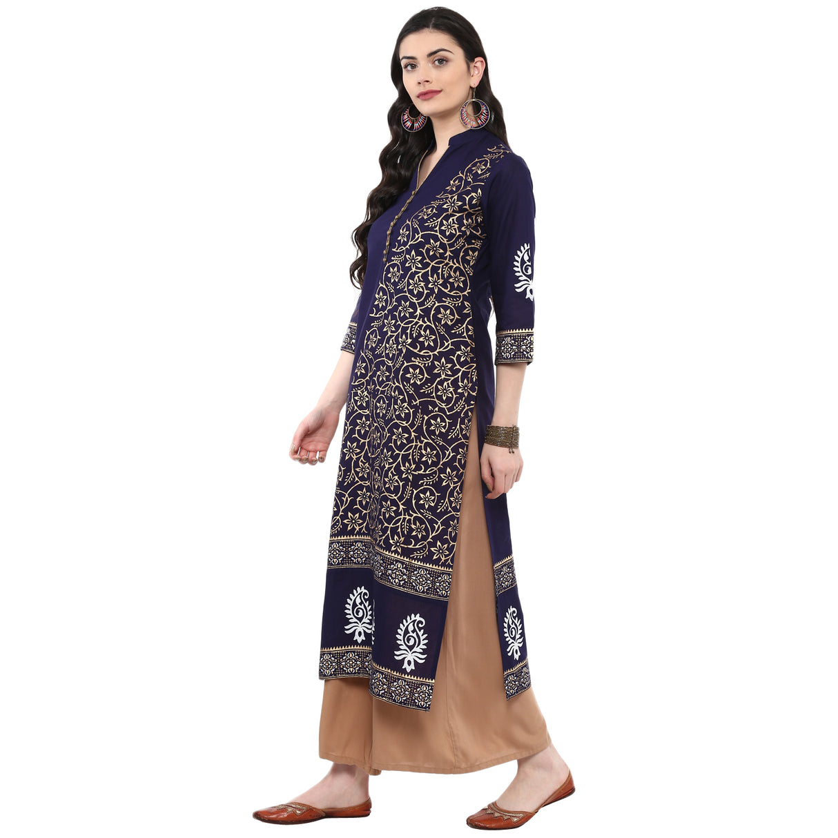 Blended Cotton Printed Kurta Top In Blue