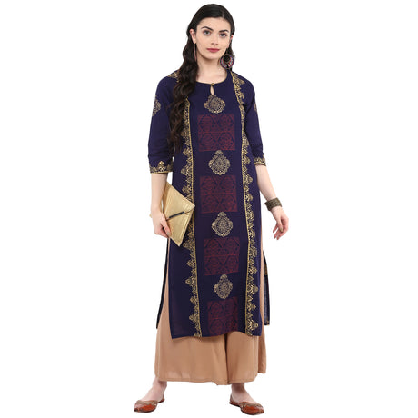 Blended Cotton Printed Kurta Top In Blue