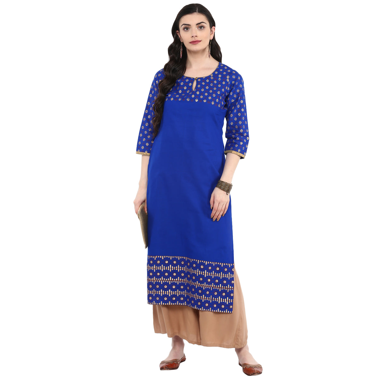 Blended Cotton Printed Kurta Top In Blue