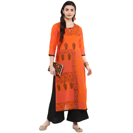 Blended Cotton Printed Kurta Top In Orange