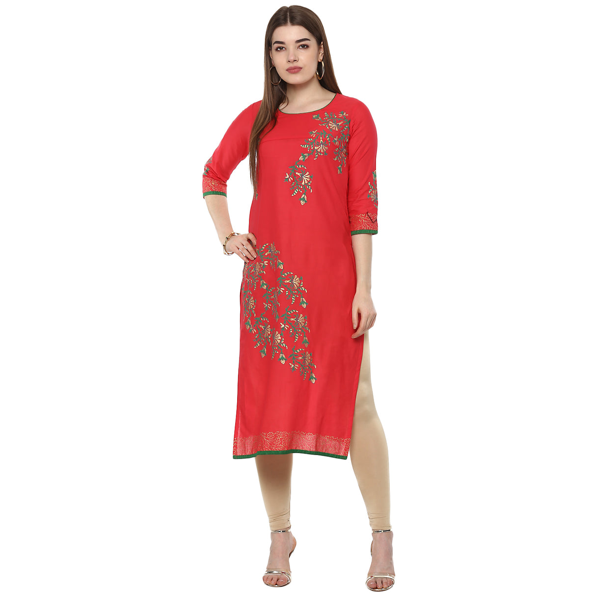 Blended Cotton Printed Kurta Top In Red