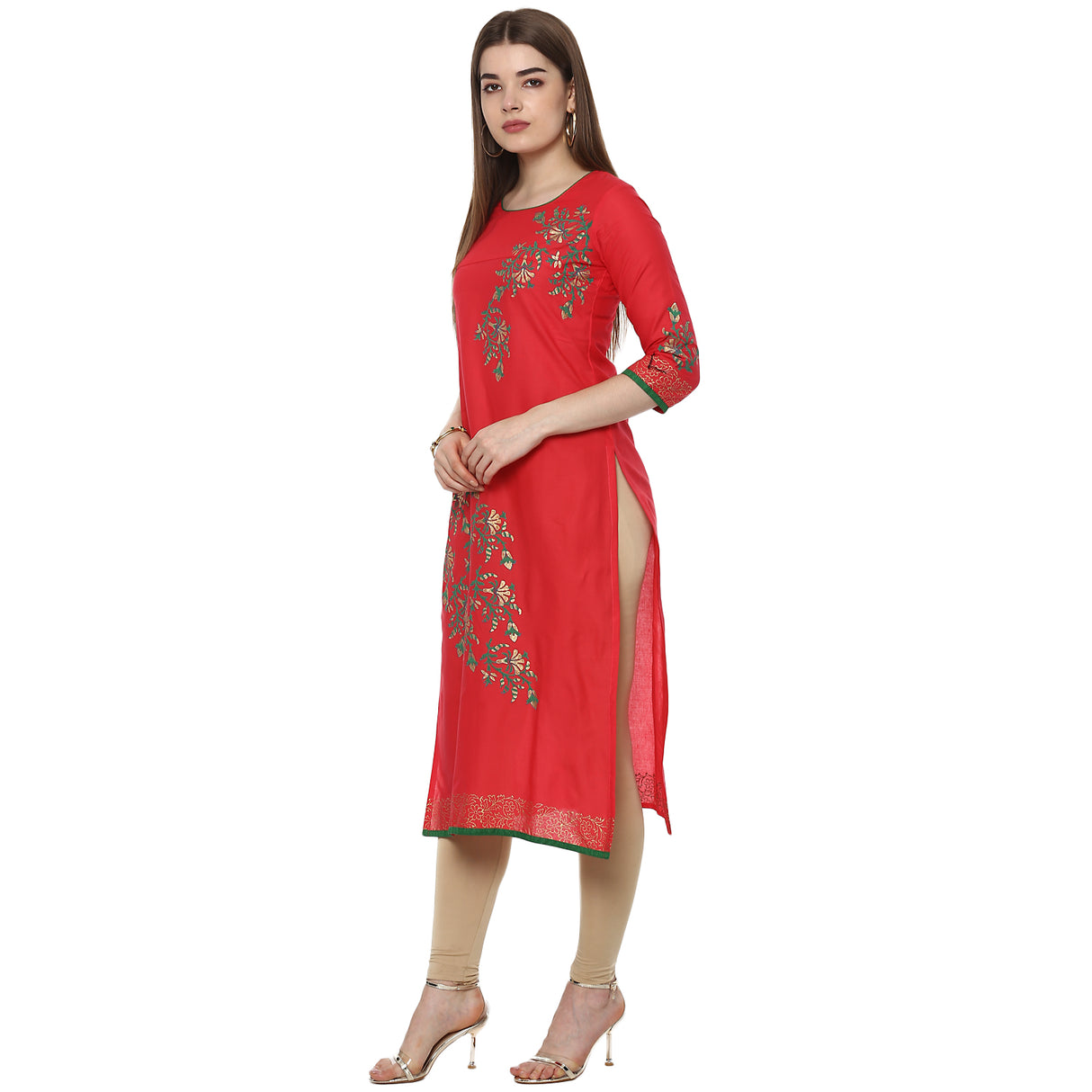 Blended Cotton Printed Kurta Top In Red