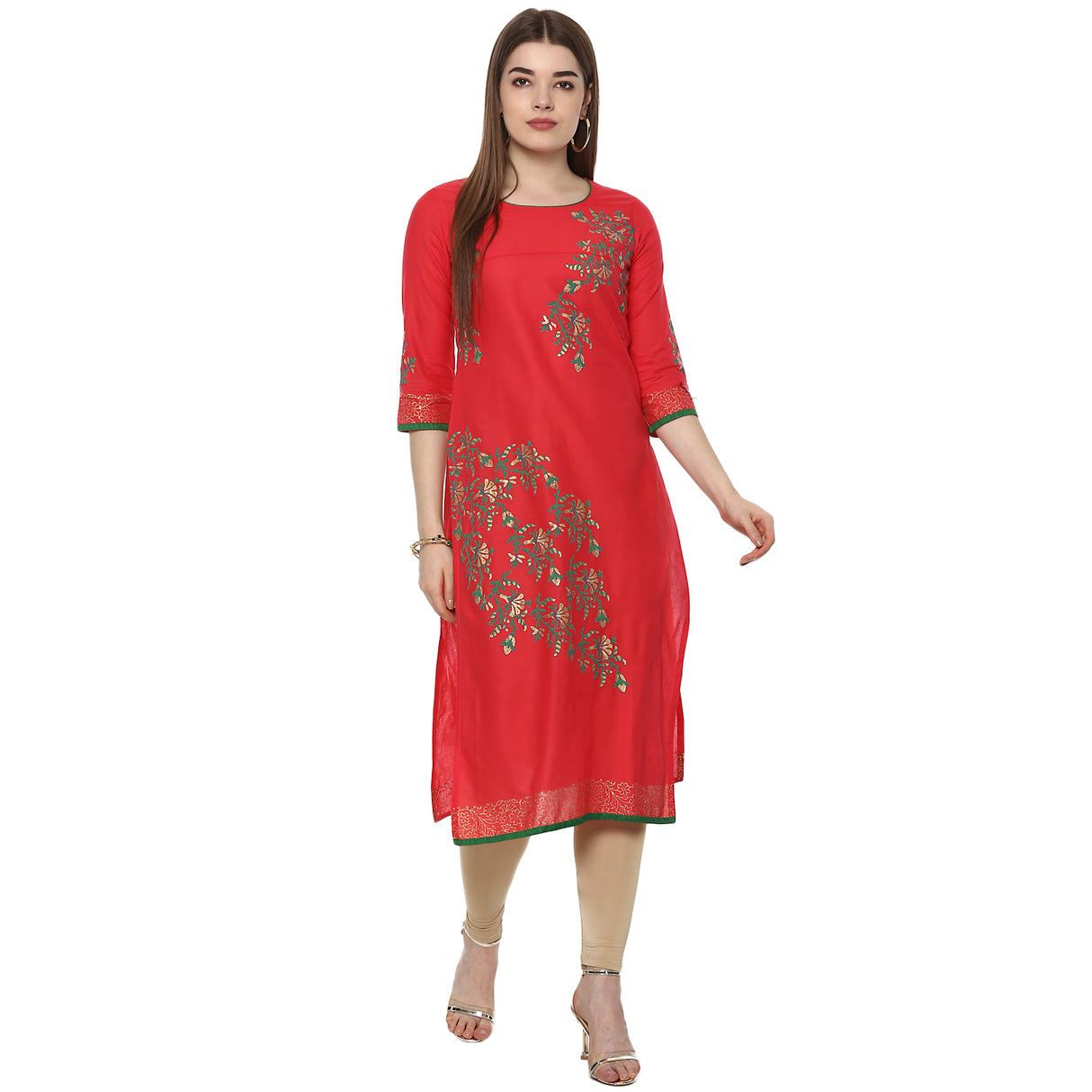 Blended Cotton Printed Kurta Top In Red