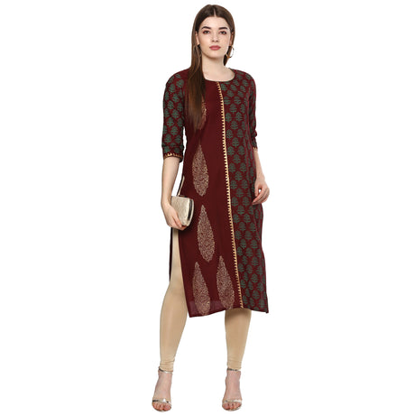 Blended Cotton Printed Kurta Top In Brown